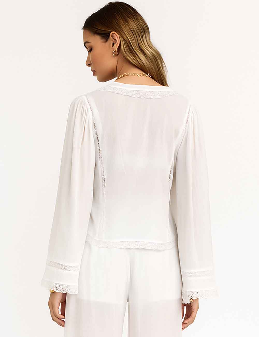 Ladies Lace Trim Hollow Out V-Neck Button Blouse
