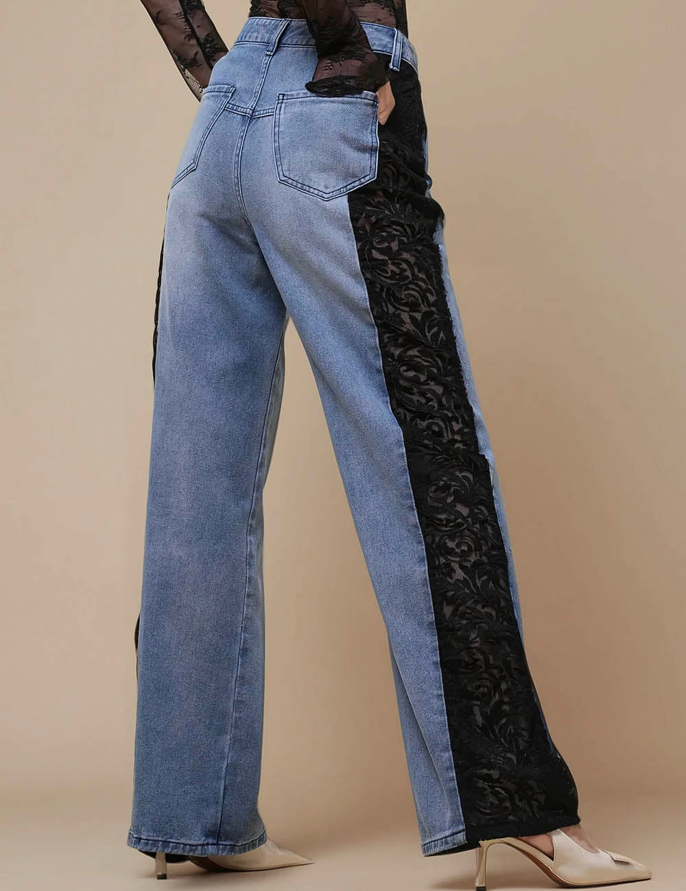 Ladies High Waist Straight Leg Lace Splice Jeans SKP50066