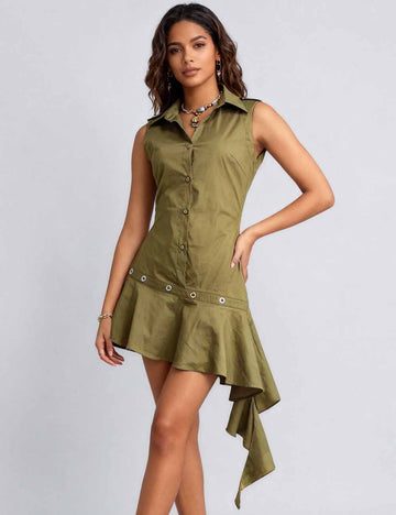 Ladies Shirt Collar Button Front Asym Ruffle Mini Dress