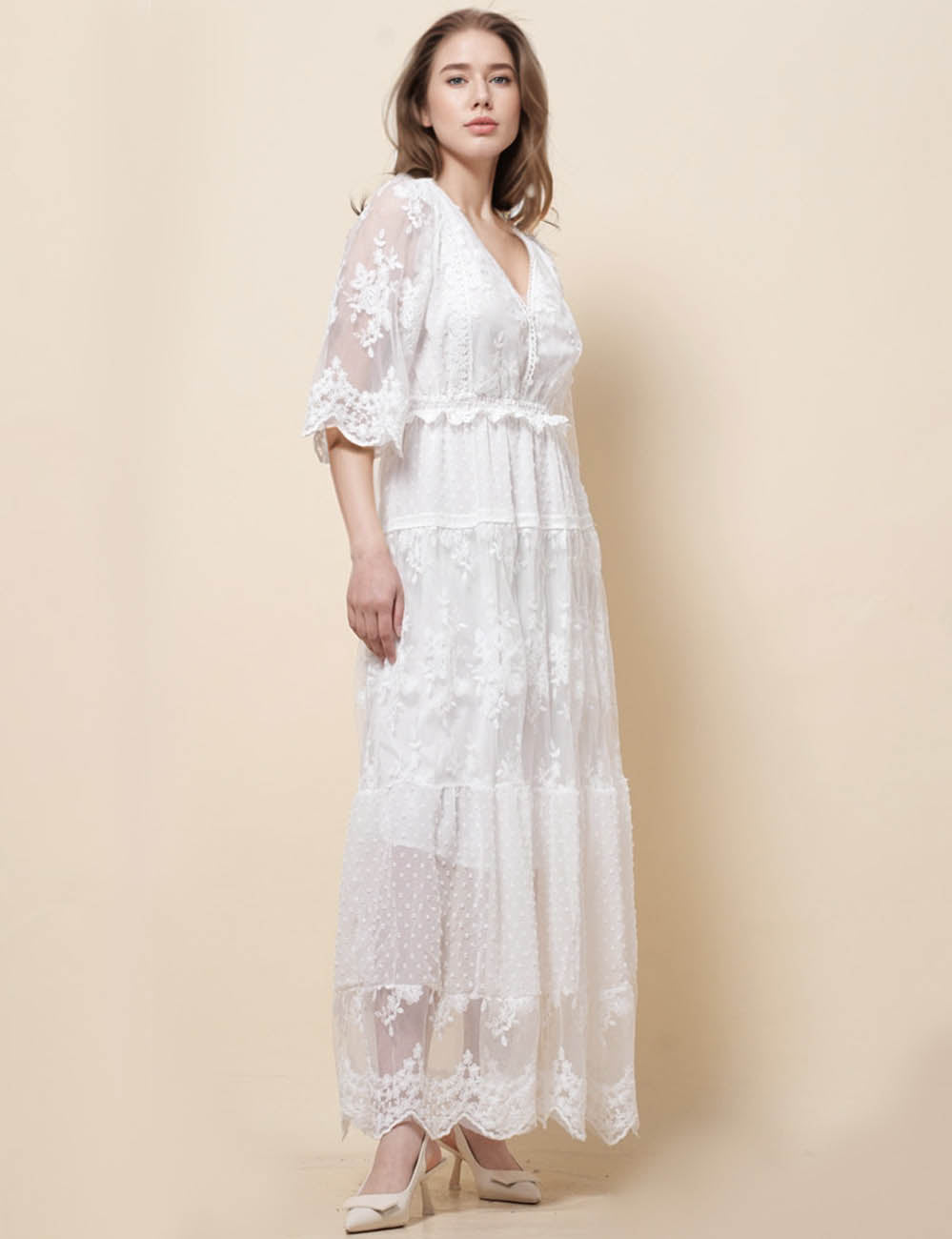 Ladies V-Neck Short Sleeves Floral Embroideriy Midi Dress SKD51196
