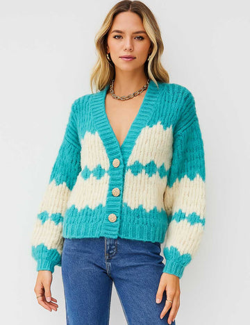 Ladies Chunky Knit Color Block V-Neck Button Front Cardigan