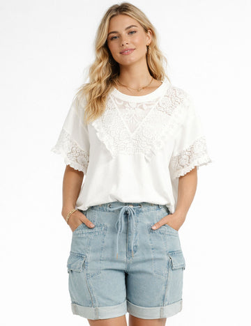 Ladies Romantic Lace Round Neck Ruffle Sleeves Top