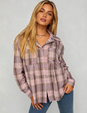 Ladies Vintage Checked Turn Down Collar Long Sleeves Shirt