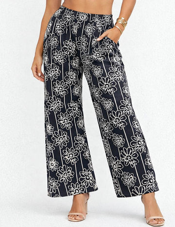 Ladies Boho Floral Embroidery Elastic Waist Pants