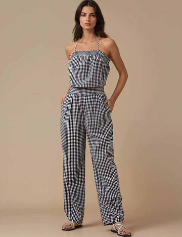 Ladies Color Block Checked Back Tie Straight Leg Jumpsuit