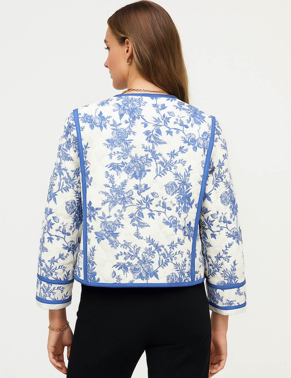 Ladies Floral Print V-Neck Button Front Cotton Padded Jacket