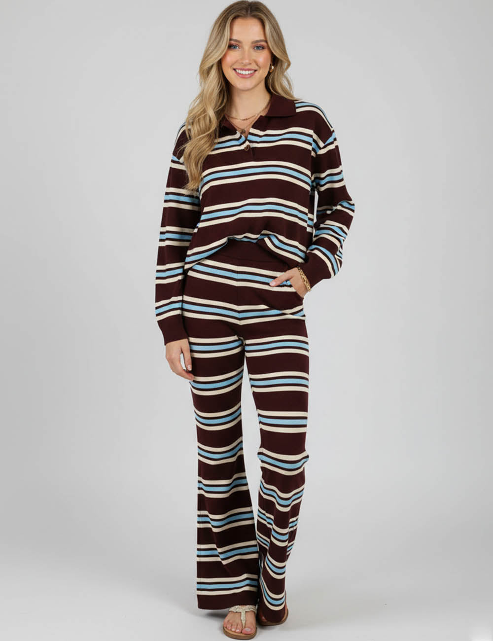 Ladies  Striped Polo Collar Flared Leg Sweatshirt & Pants Set