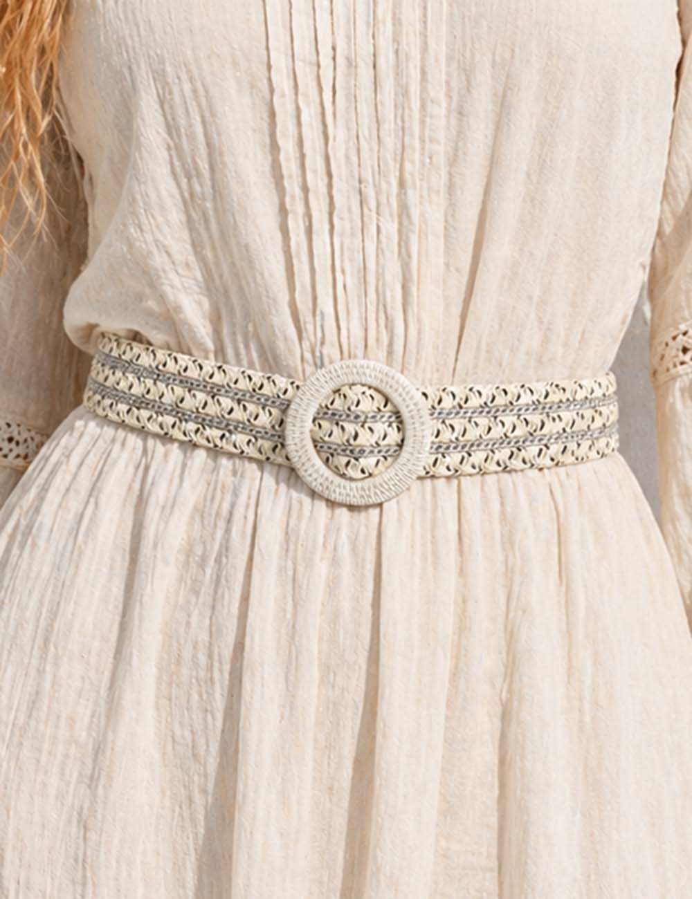 Ladies Boho Straw Woven Round Buckle Elastic Waist Belt