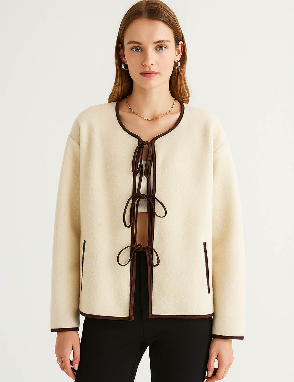 Ladies Color Block Round Neck Tie Faux Sherpa Jacket