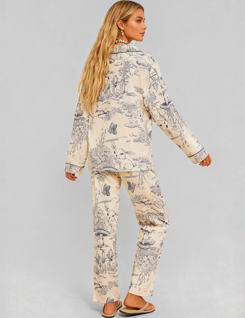 Ladies Toile Print Lapel Collar Shirt & Pants Lounge Set