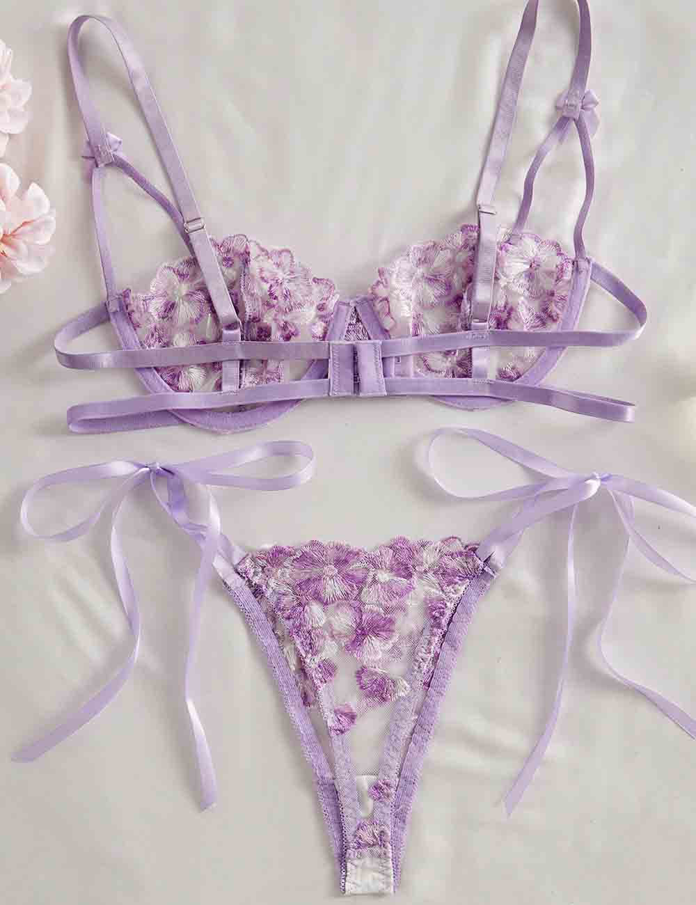 Ladies Floral Embroidery See Through 2PCS Lingerie Set 8XX0110