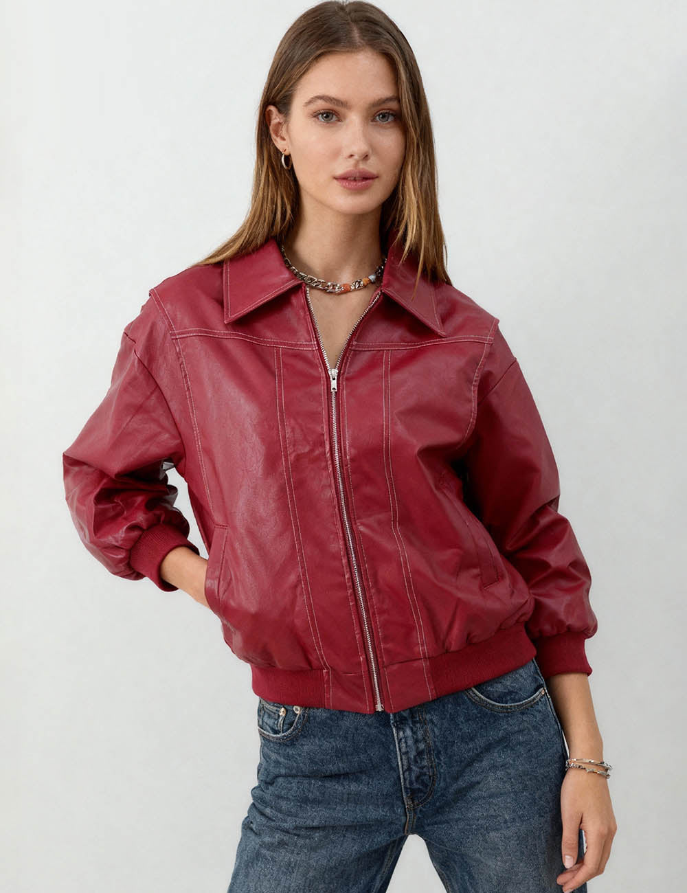 Ladies Contrast Topstitching Lapel Collar Zip-Up Leather Jackets
