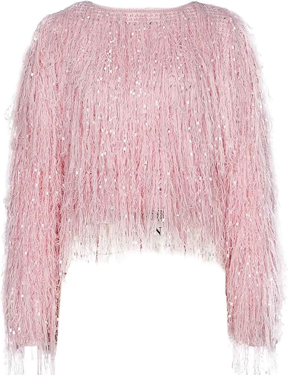 Ladies Solid Color Tassels Long Sleeves Sweater Top