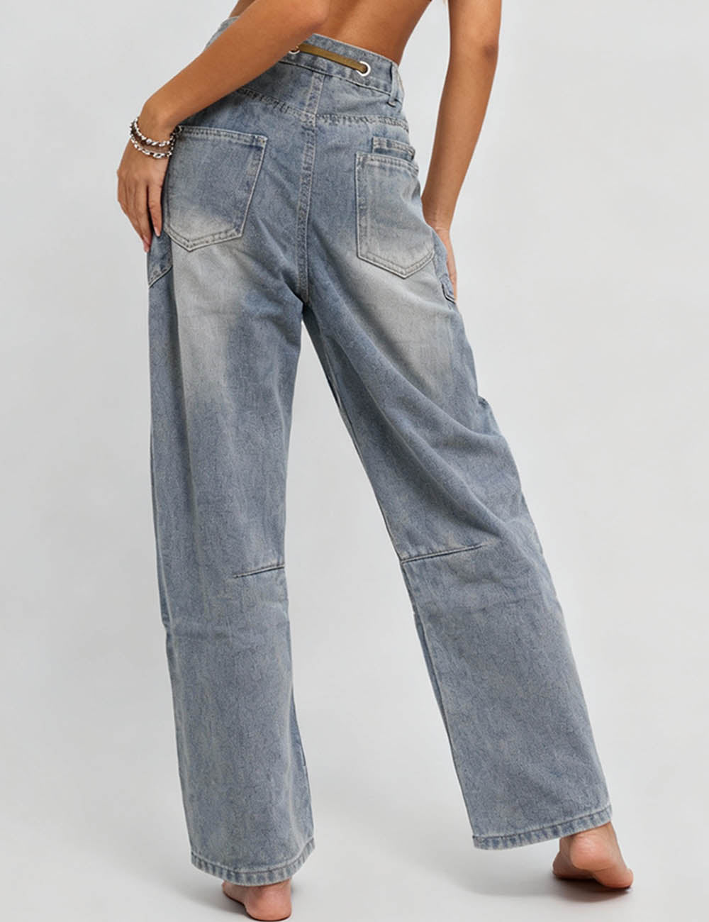 Ladies Vintage Patchwork Drawstring Wide Leg Denim Pants