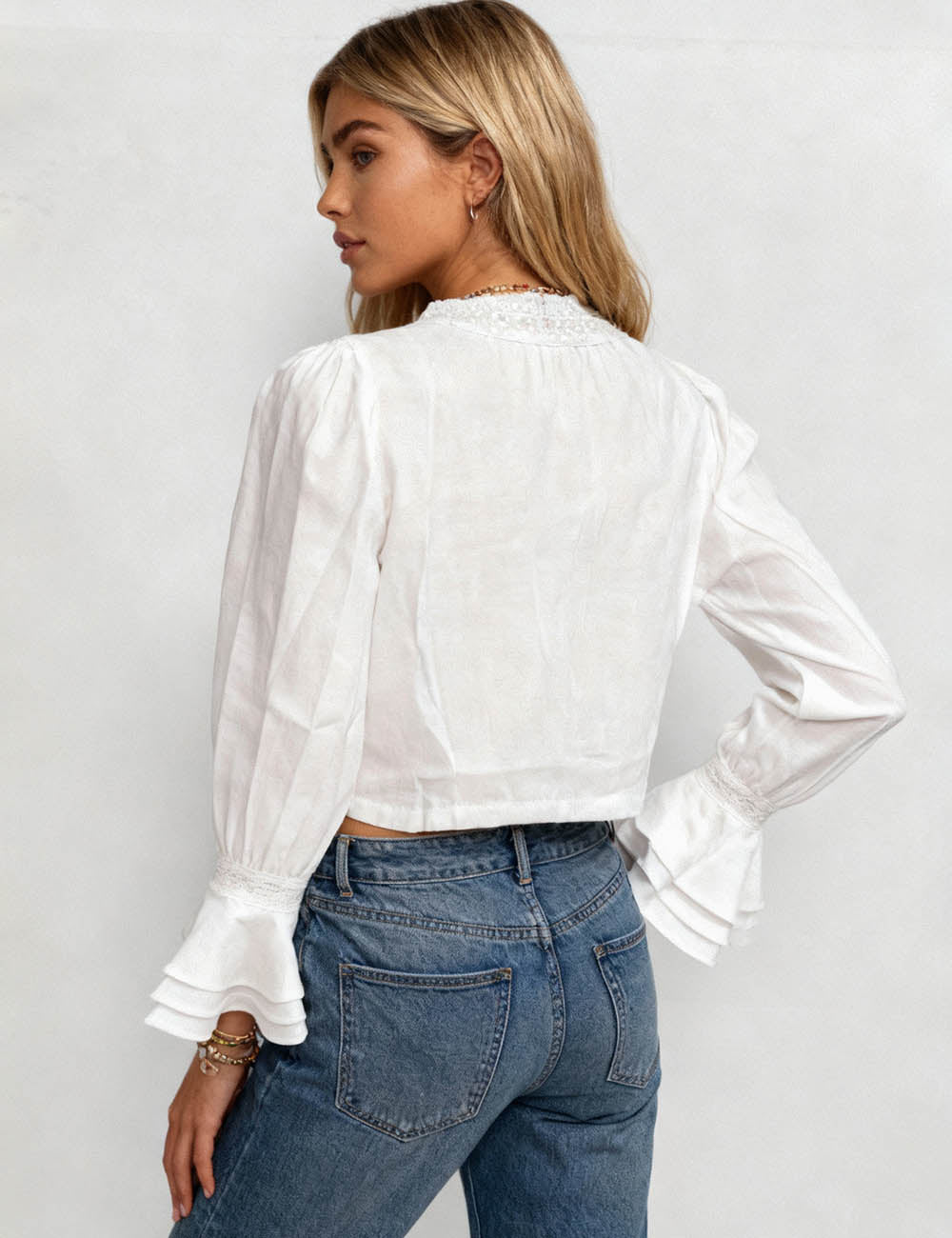 Ladies White Flared Sleeves LaceTrim Button Front Blouse