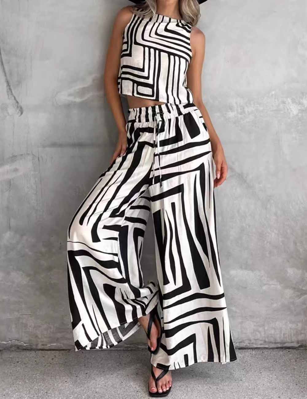 Ladies Color Block Print Sleeveless Tank Top & Pants 2PCS Set
