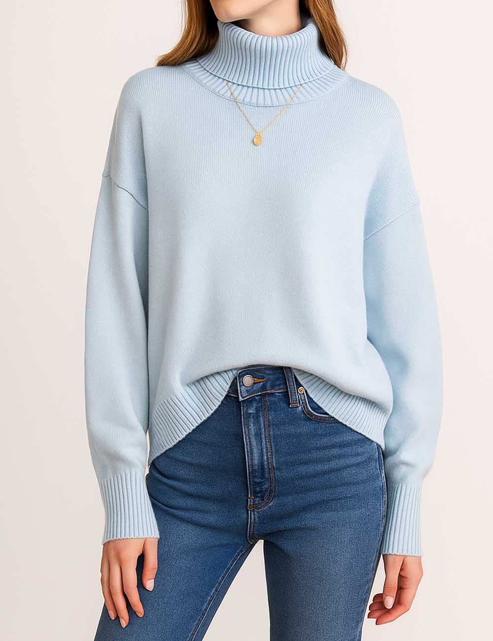 Ladies Solid Color Turtleneck Knit Sweater 5605