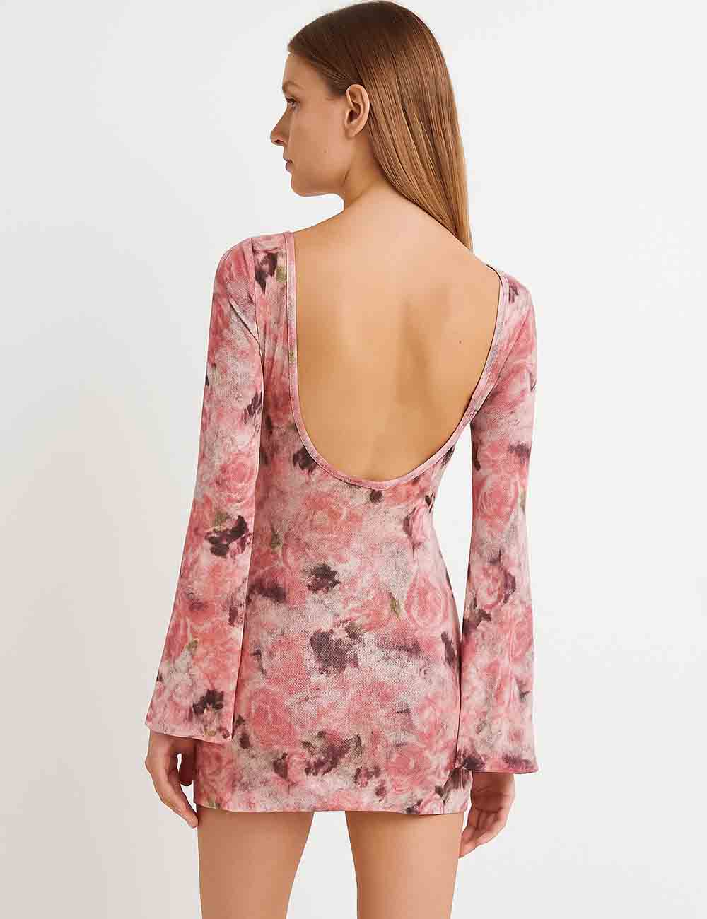 Ladies Floral Print Pullover Scoop Back Mini Dress