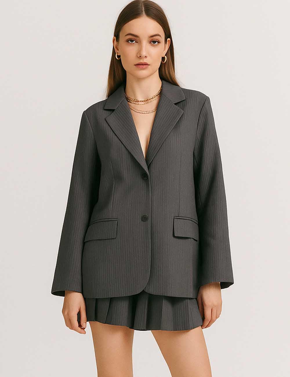 Ladies Striped Notched Lapel Blazer Pleated Mini Skirt 2PCS Set