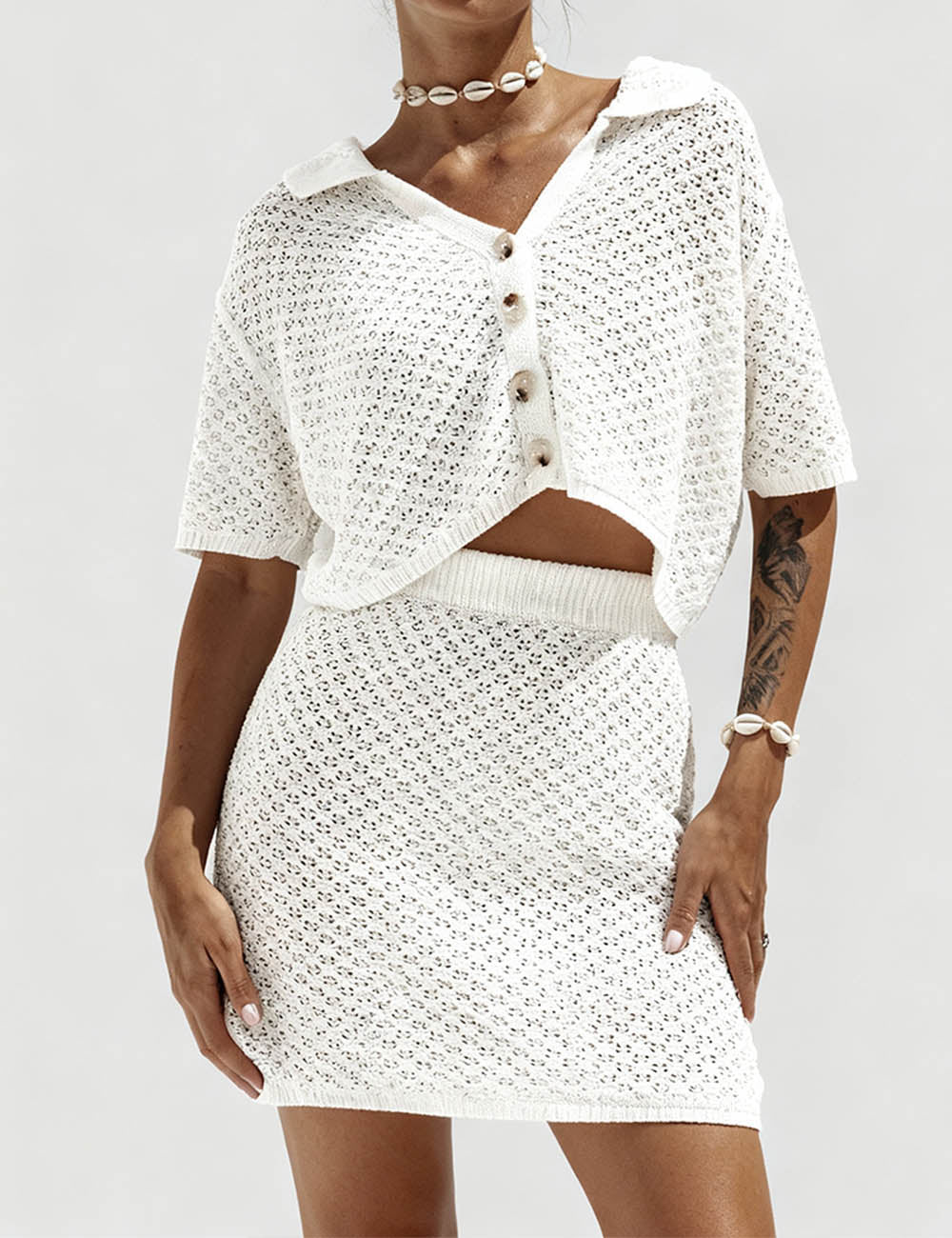 Ladies Polo Collar Knit Eyelet Cropped Top & Skirt Set