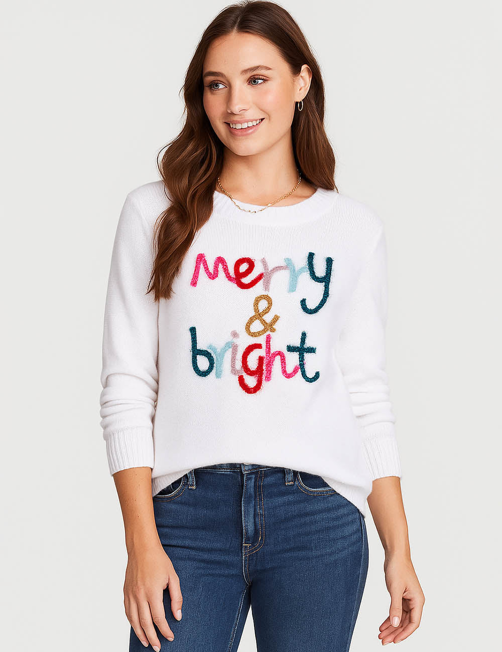 Ladies Christmas 2025 Merry & Bright Letter Holiday Sweater