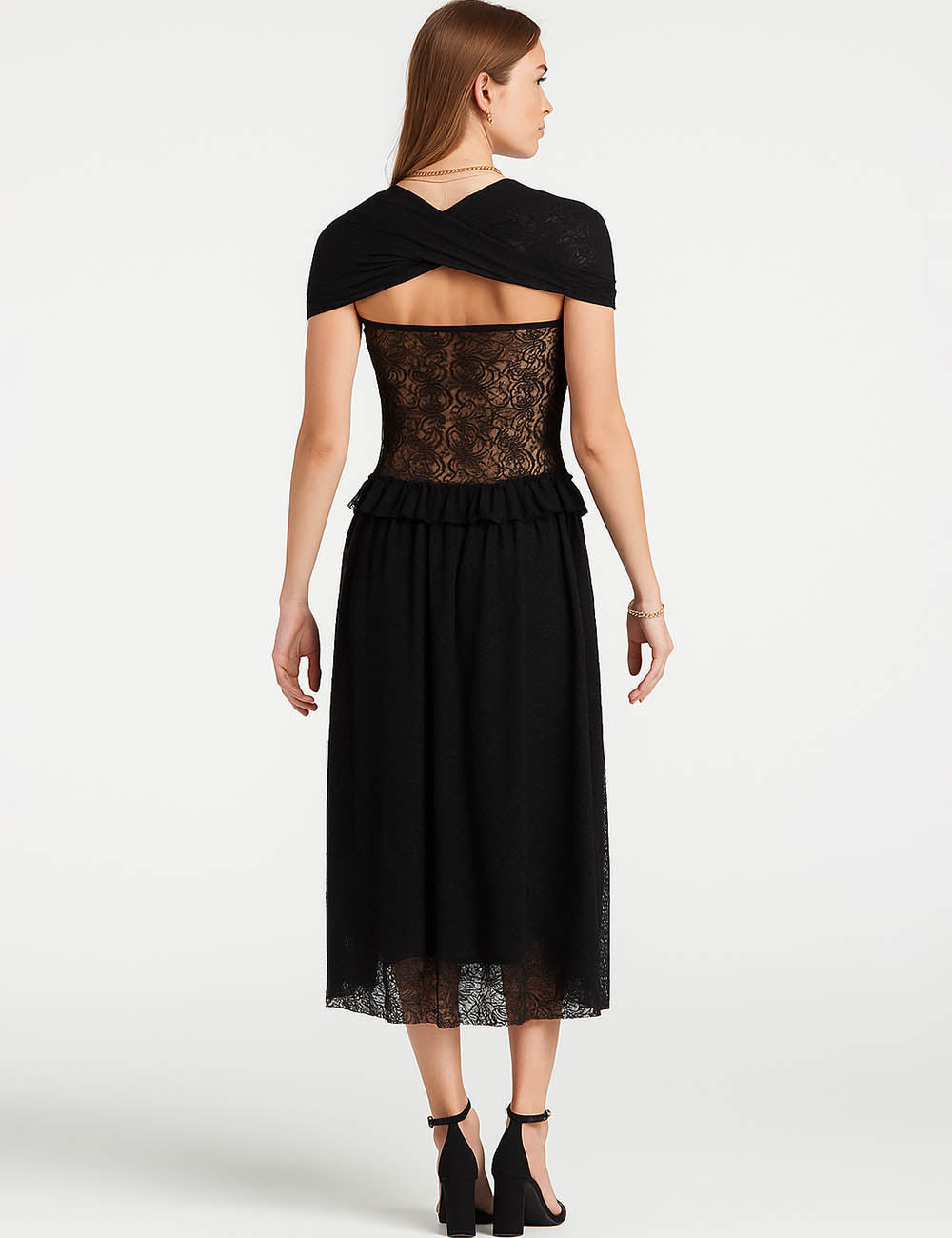 Ladies Lace Sheer Sweetheart Neckline Cap Sleeves Midi Dress