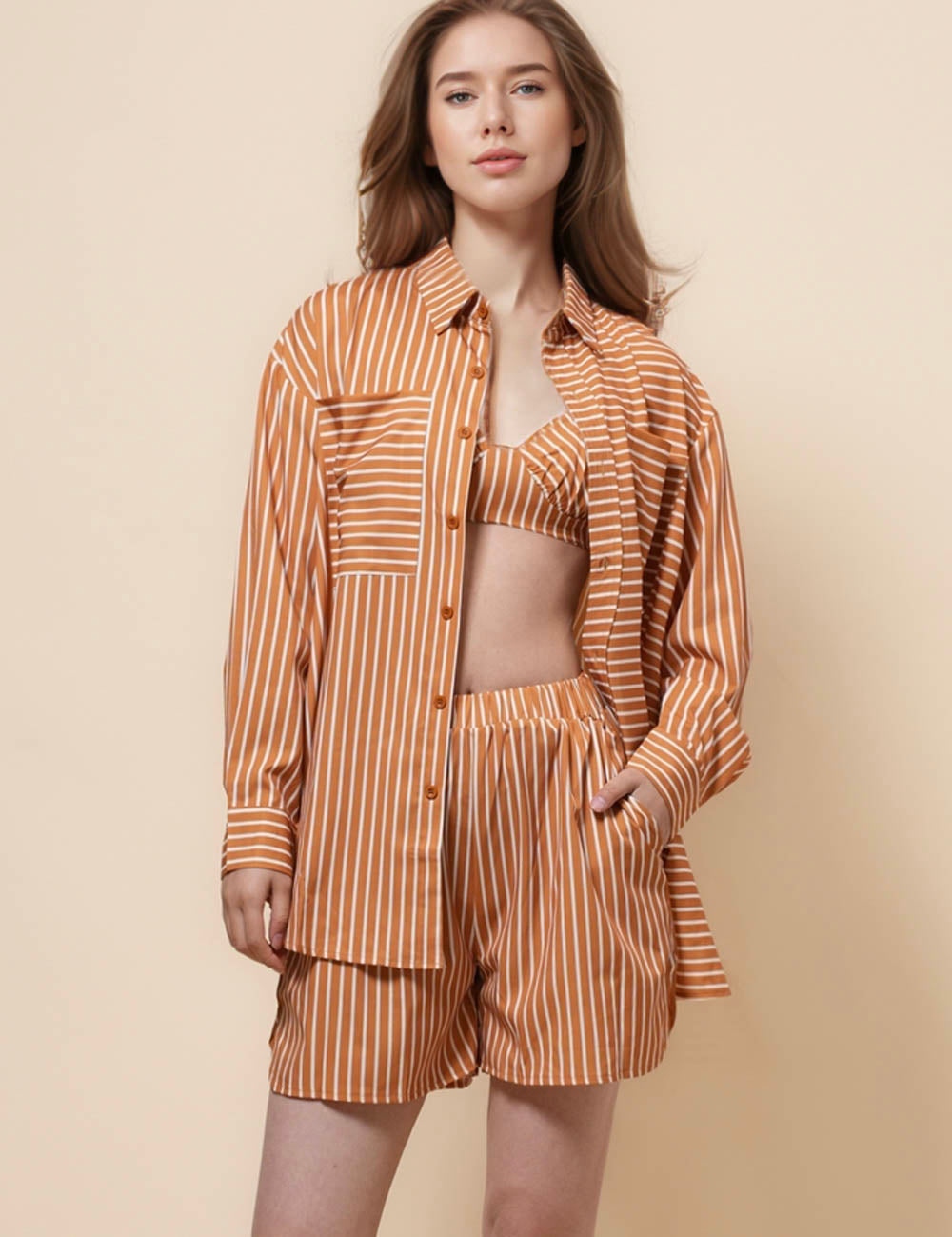 Ladies Turndown Collar 3PCS Top Shorts Set SKST41117