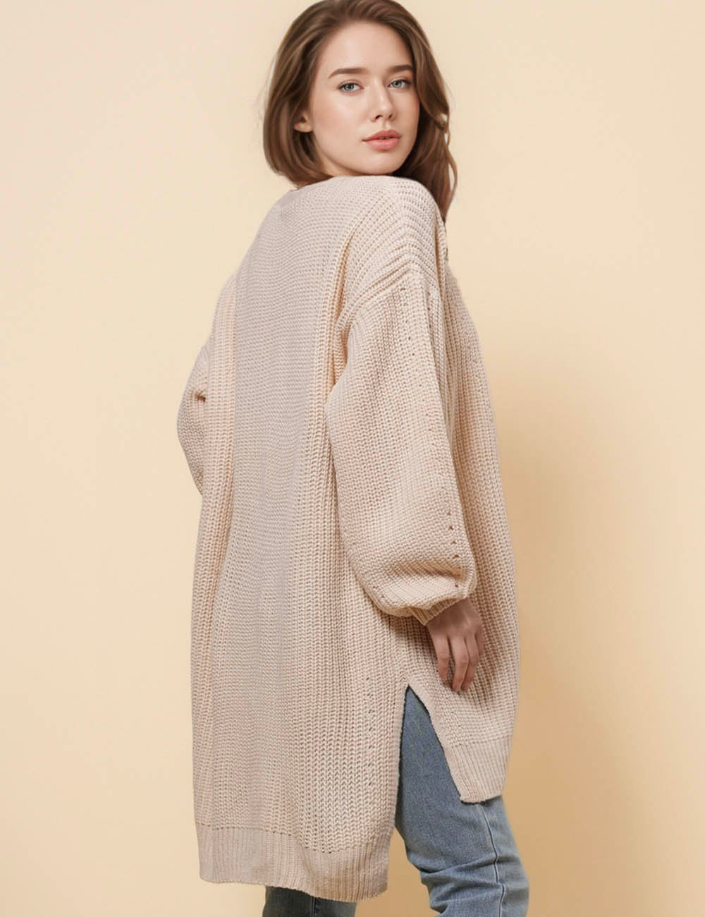 Ladies Solid Color Open Front Cardigan SKT41210