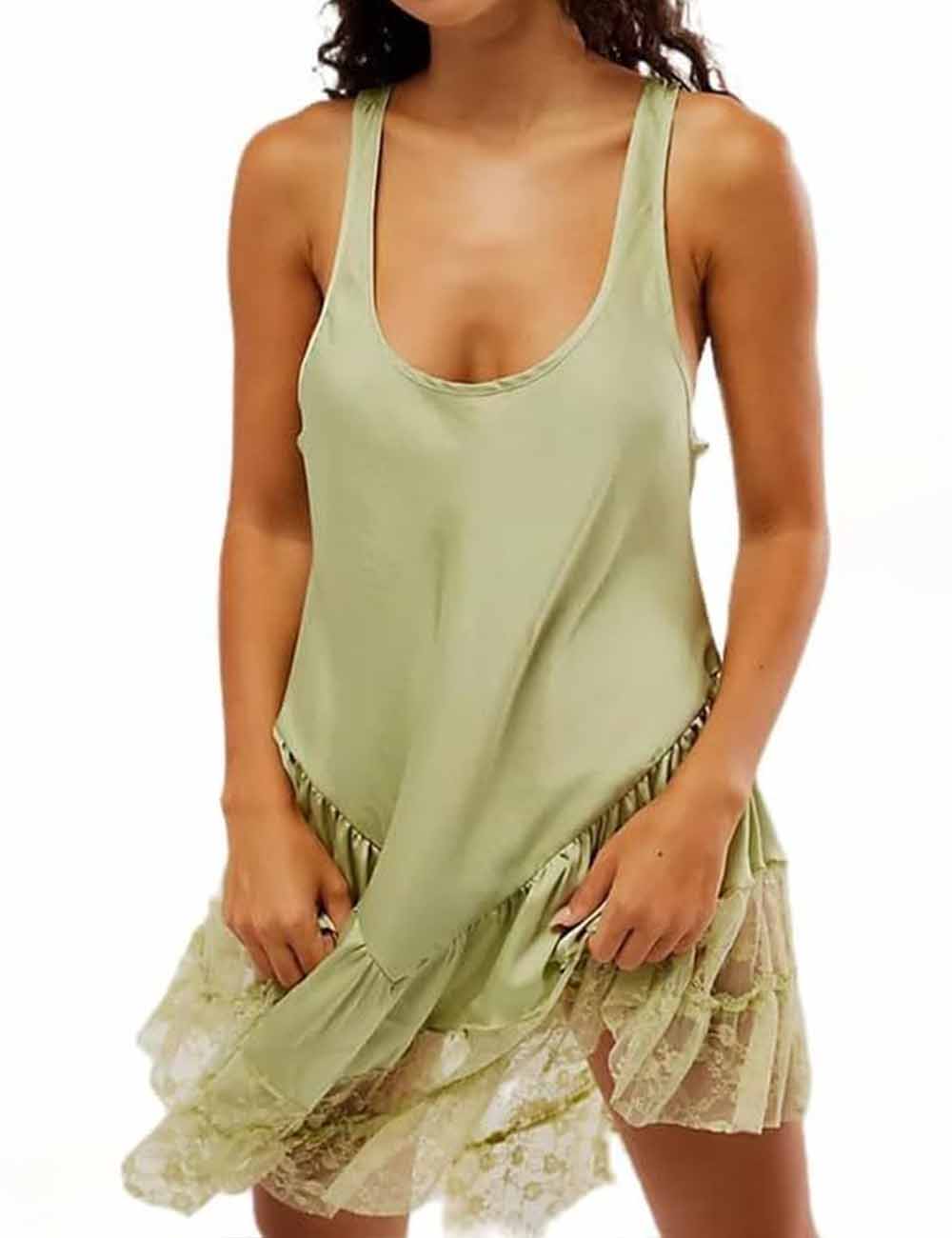 Ladies Lace Splice U Neck Sleeves Loungewear Mini Dress