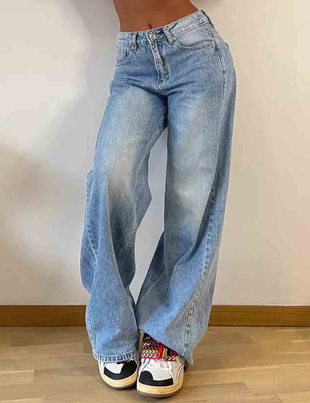 Ladies Classic Button Pocket Straight Leg Denim Pants