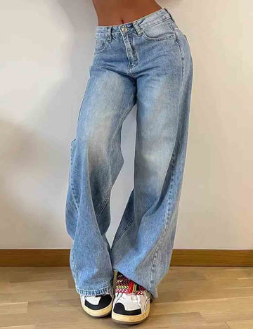 Ladies Classic Button Pocket Straight Leg Denim Pants