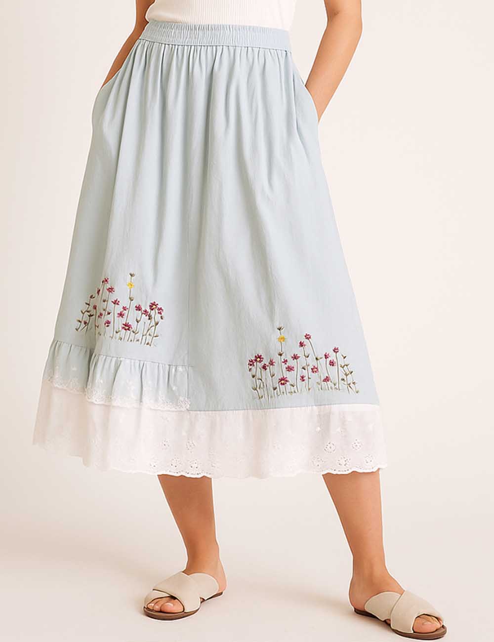 Ladies Floral Embroidery Lace Splice Scalloped Midi Skirt
