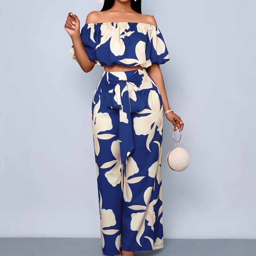 Ladies Floral Print Off-Shoulder Cropped Top & Pants Set 
