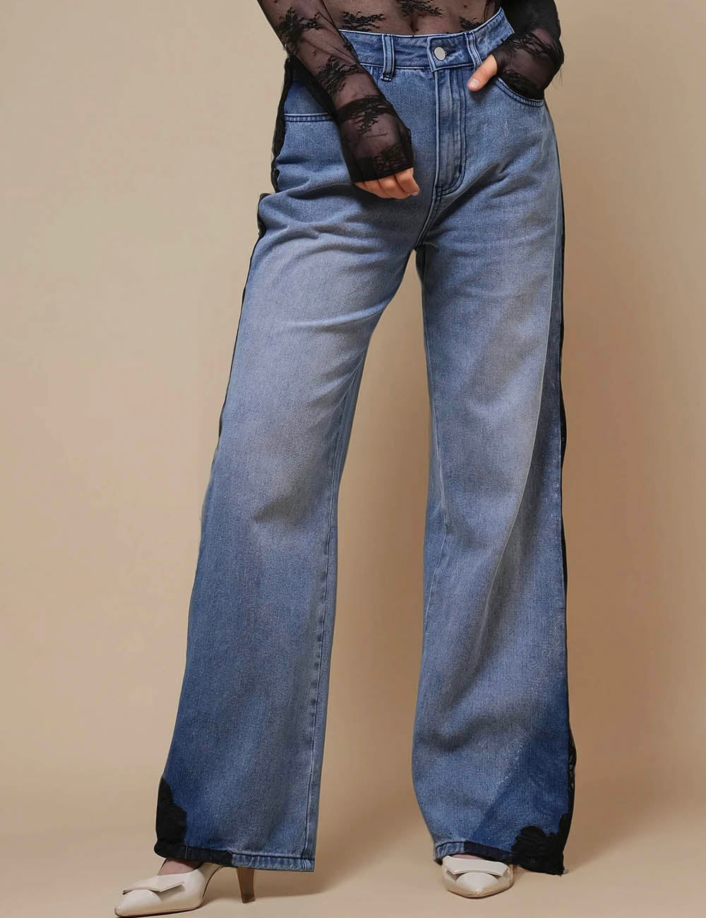 Ladies High Waist Straight Leg Lace Splice Jeans SKP50066