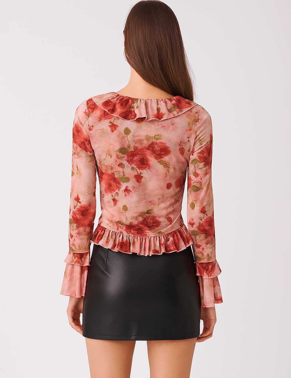 Women Long Sleeve Ruffled Collar Flower Print Blouse