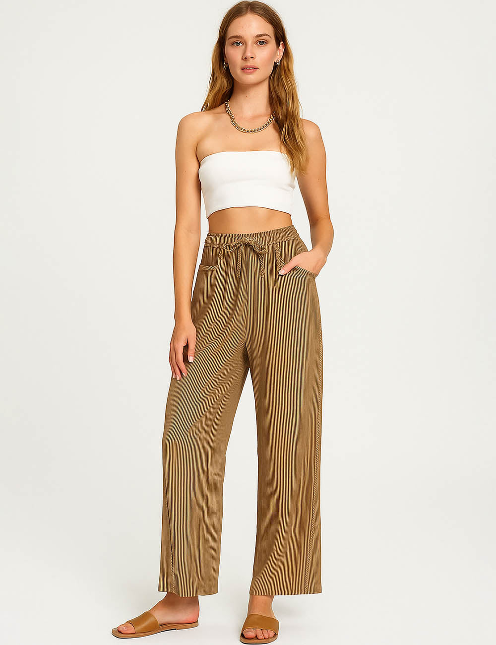 Ladies Striped Print Elastic Waist Lace Up Wide Leg Pants