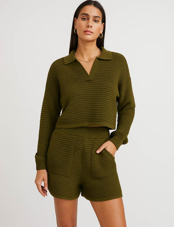 Ladies Solid Color Sweater Shorts 2PCS Set SKST41173