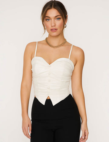 Ladies Mesh Button Ruched String Shoulder Corset Top