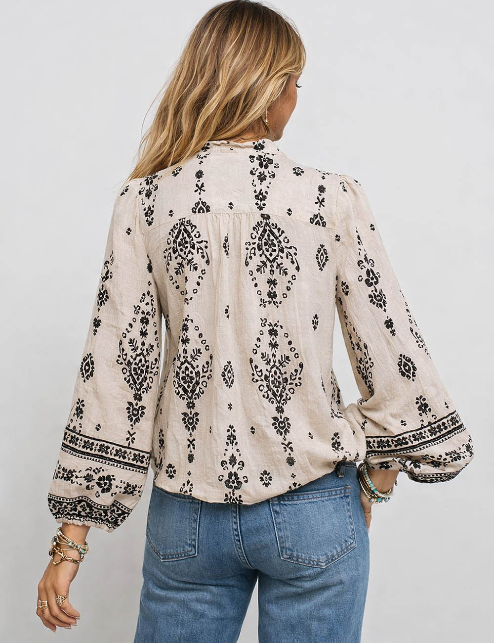 Ladies Boho Floral Print Button Front Balloon Sleeves Blouse