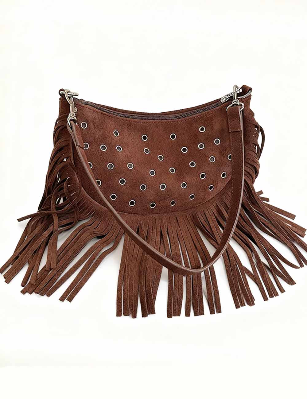 Ladies Vintage Fringe Studded Suede Shoulder Bag