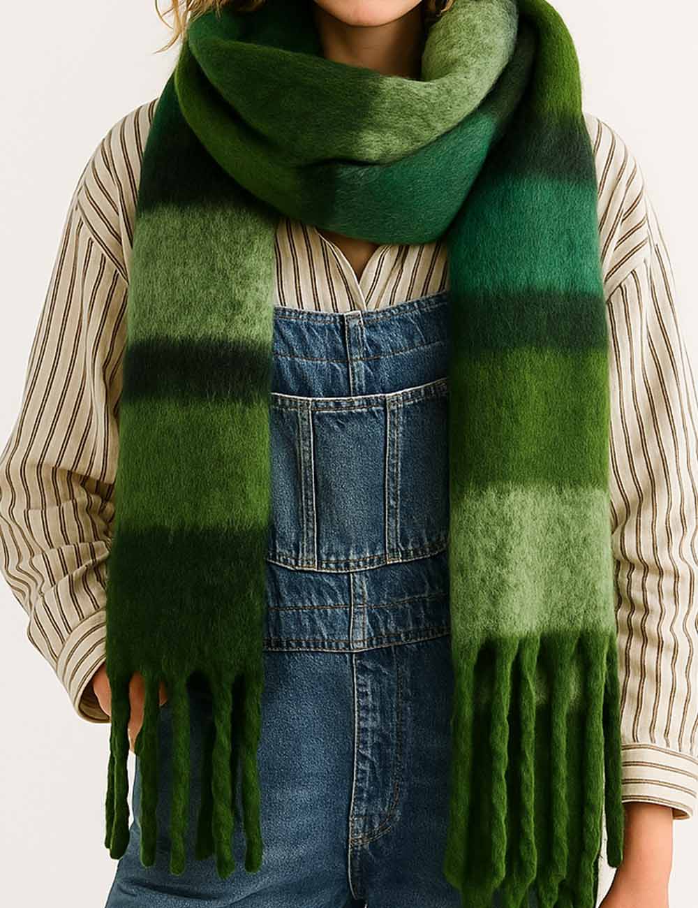 Ladies Warm Striped Pattern Fringe Knit Scarf