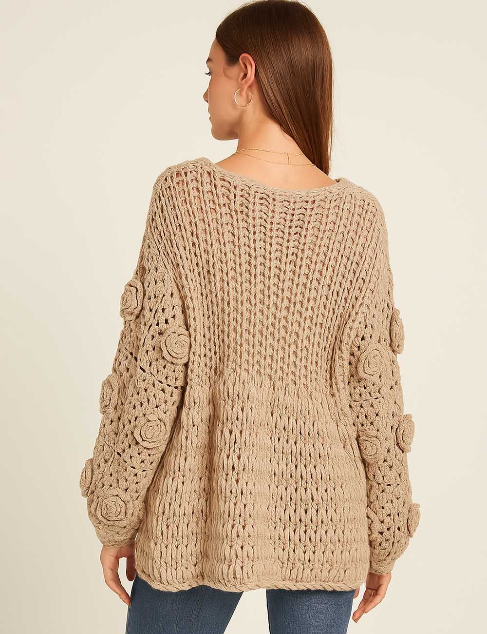 Ladies Solid Color V-Neck Front Open Flower Long Sleeves Knit Cardigan