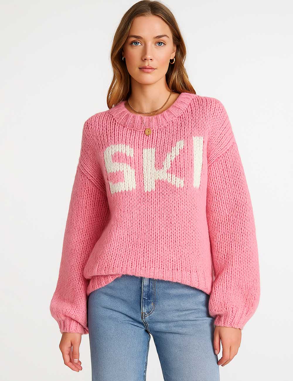 Ladies Letter Pattern Color Block Round Neck Sweater Top
