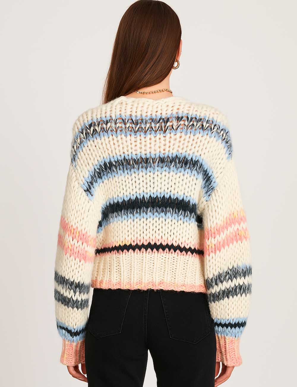 Ladies Multi Color Striped Open Front Chunky Knit Cardigan