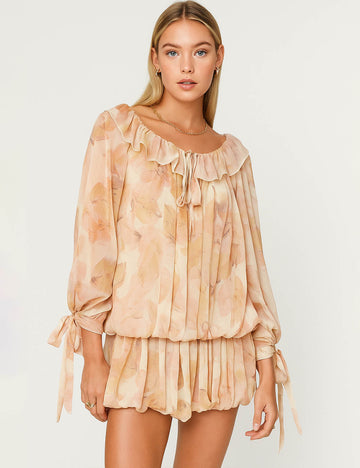 Ladies Chiffon Floral Print Ruched Ruffle Trim Tie Mini Dress