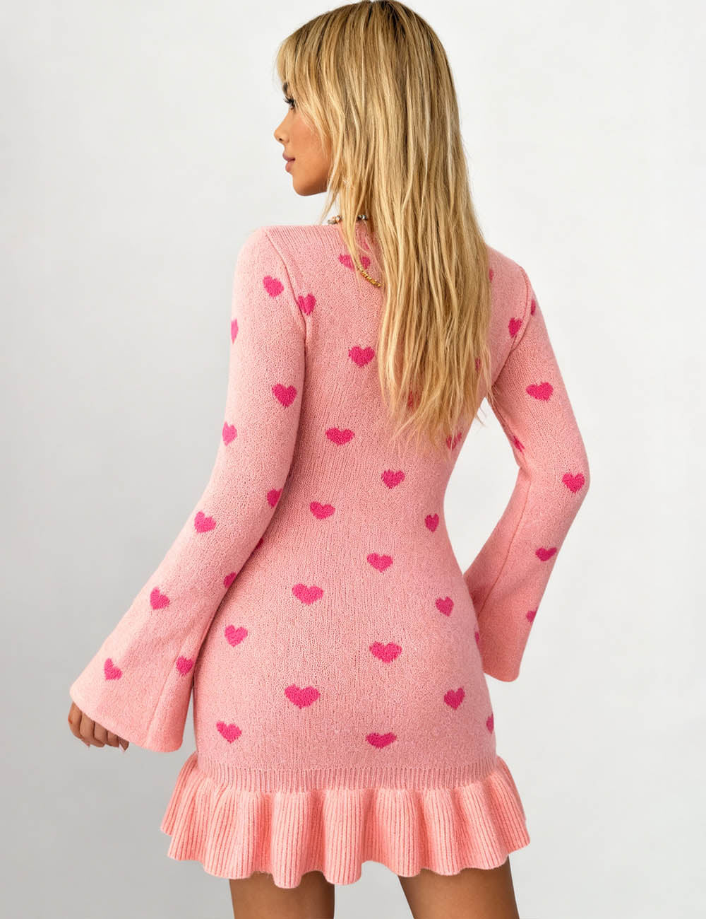 Ladies Heart Pattern Ruffle Hem Bodycon Knit Mini Dress