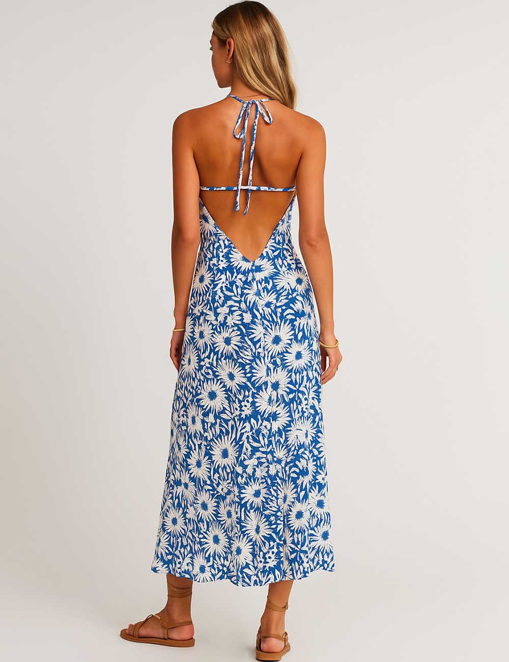 Women String Halter Bohemia V-Neck Low Back Midi Dress