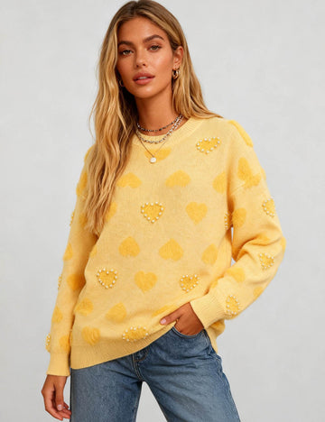 Ladies Valentine's Heart Pattern Round Neck Bead Sweater
