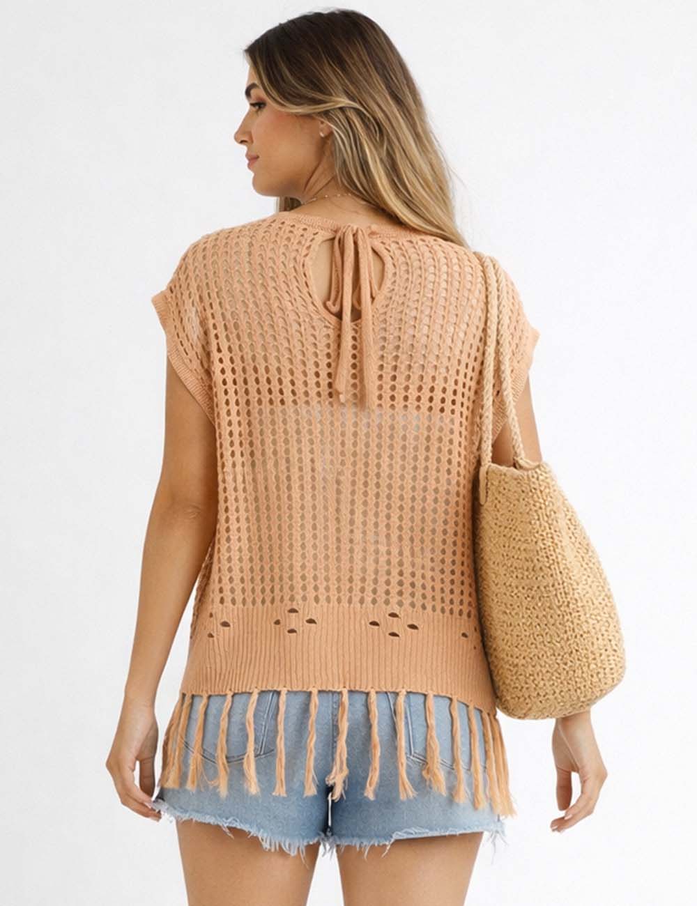 Ladies Chic Crochet Knit Hollow-Out Fringe Cover-Up Top
