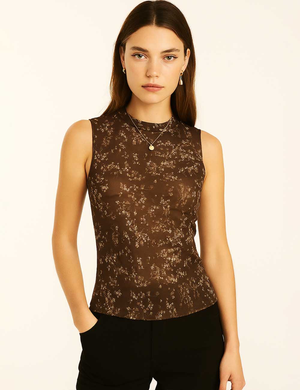 Women Tiny Flower See Sheer Mesh Layring Tank Top